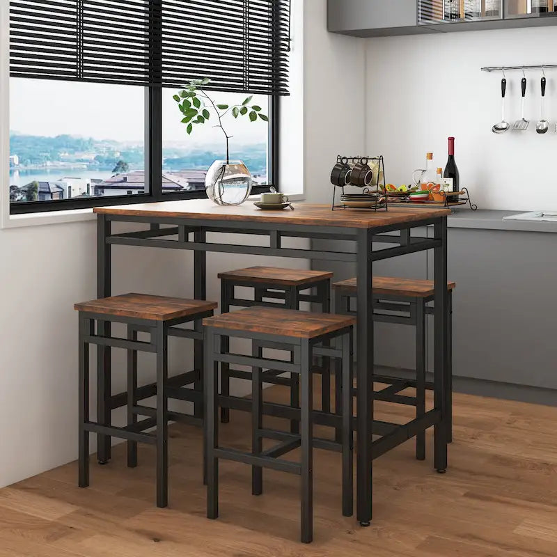 Rustic Style 5-Piece Dining Set with Rectangular Table and 4 High Stools Dining Chairs