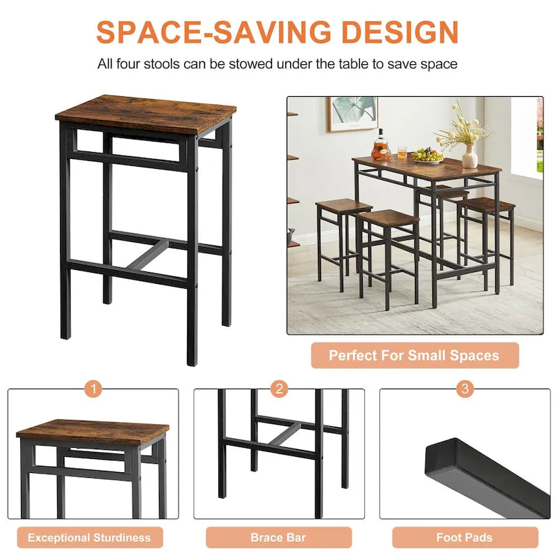 Rustic Style 5-Piece Dining Set with Rectangular Table and 4 High Stools Dining Chairs