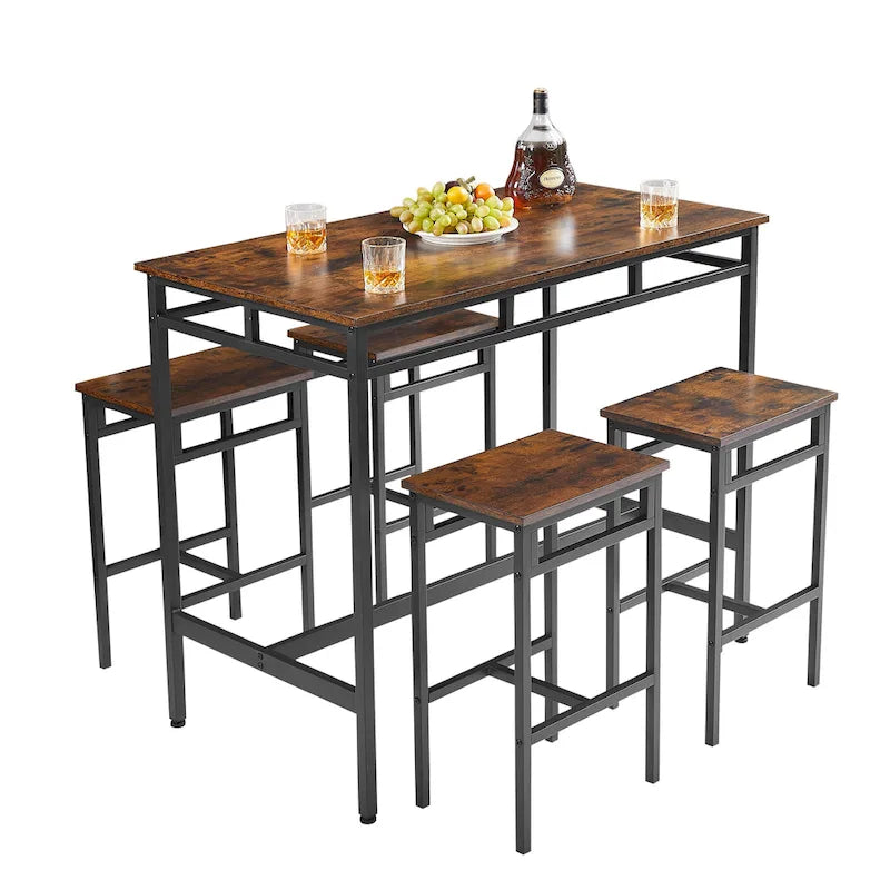 Rustic Style 5-Piece Dining Set with Rectangular Table and 4 High Stools Dining Chairs