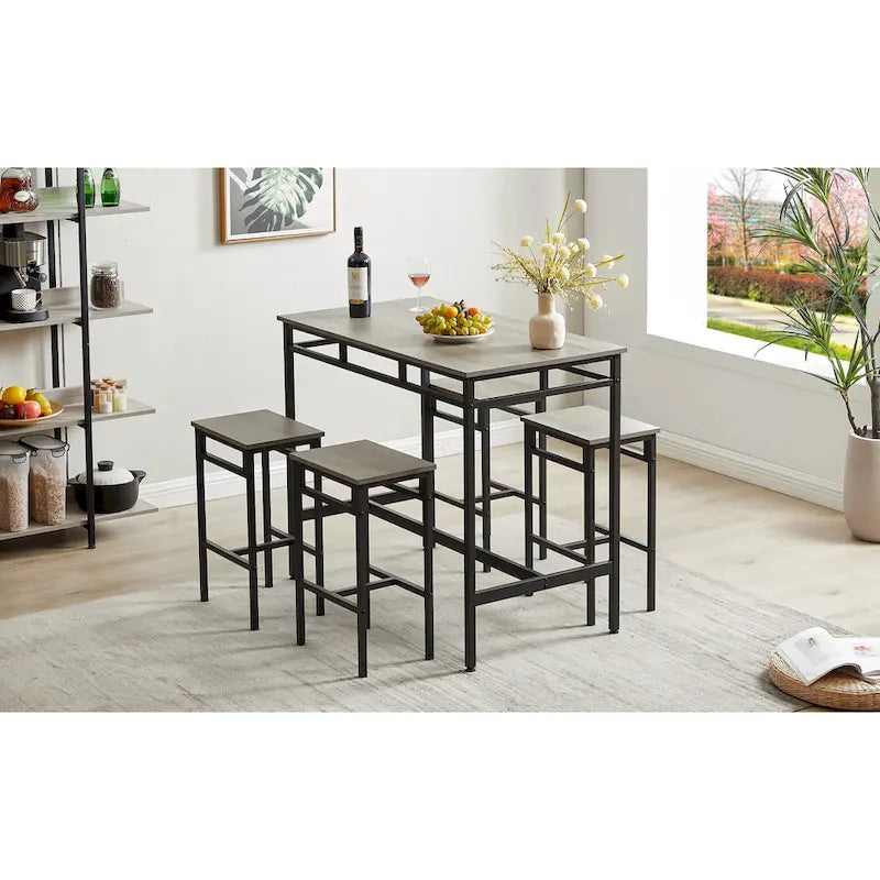 Rustic Style 5-Piece Dining Set with Rectangular Table and 4 High Stools Dining Chairs