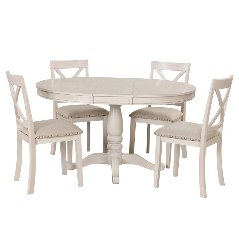 Antique White Vintage 5-Piece Wooden Dining Table Set with Expandable Round Table & 4 Chairs