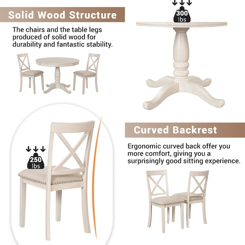Antique White Vintage 5-Piece Wooden Dining Table Set with Expandable Round Table & 4 Chairs