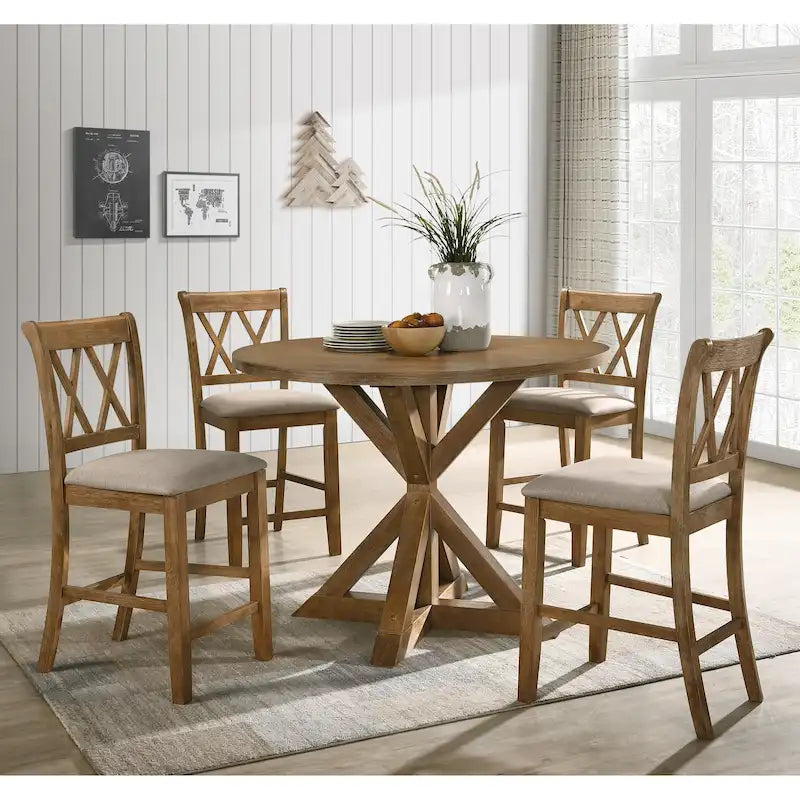 5-Piece Wooden Counter Height Dining Table Set with Cross Pedestal Table Base and 4 Cross Back Chairs
