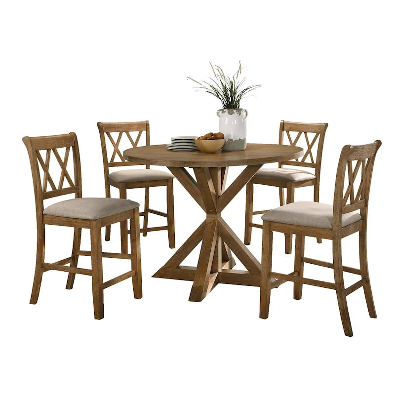 5-Piece Wooden Counter Height Dining Table Set with Cross Pedestal Table Base and 4 Cross Back Chairs