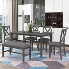 Gray Traditional 6-Piece Wooden Dining Table Set with 4 Upholstered Chairs and Bench