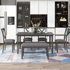 Gray Traditional 6-Piece Wooden Dining Table Set with 4 Upholstered Chairs and Bench