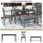 Gray Traditional 6-Piece Wooden Dining Table Set with 4 Upholstered Chairs and Bench