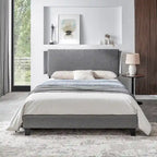 Grey Queen Upholstered Platform Bed with Wood Slat Support