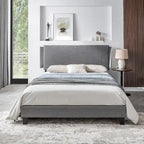 Grey Queen Upholstered Platform Bed with Wood Slat Support