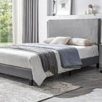 Grey Queen Upholstered Platform Bed with Wood Slat Support