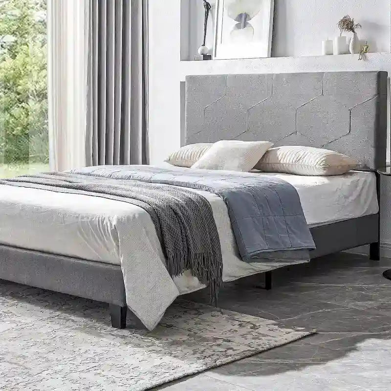 Grey Queen Upholstered Platform Bed with Wood Slat Support