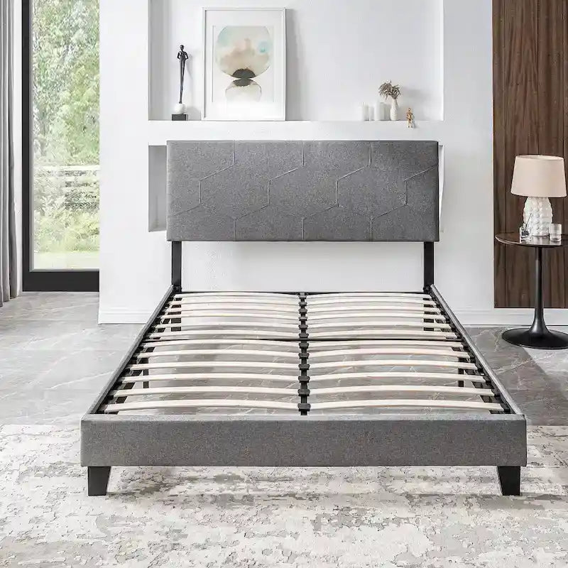 Grey Queen Upholstered Platform Bed with Wood Slat Support