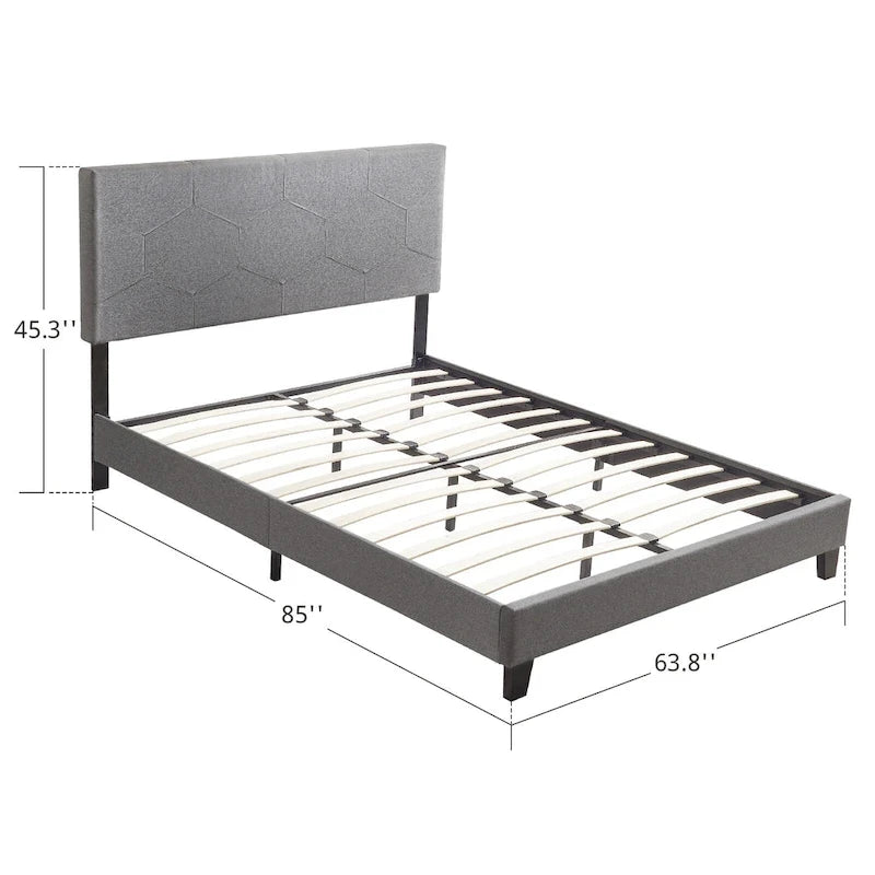 Grey Queen Upholstered Platform Bed with Wood Slat Support