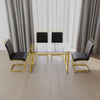 Modern Style 5-Piece Dining Set with Rectangular Tempered Glass Table and High Back Golden Plating Legs Dining Armless Chairs