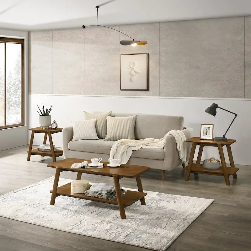 Mid-Century Modern Storage 3-Piece Coffee Table Set with Shelf and Cylinder-shaped Rubberwood Legs