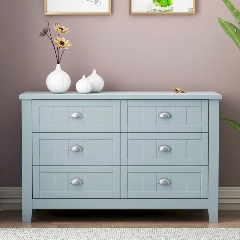 Antique Style 6-Drawer Double Dresser with Retro Shell Handle for Bedroom, Living Room