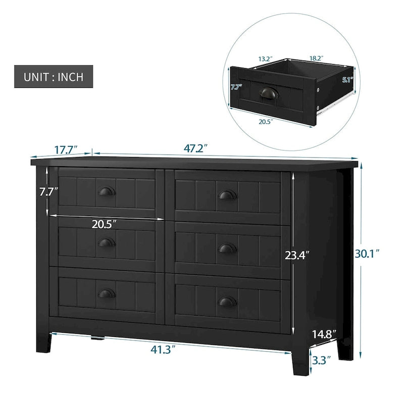 Antique Style 6-Drawer Double Dresser with Retro Shell Handle for Bedroom, Living Room