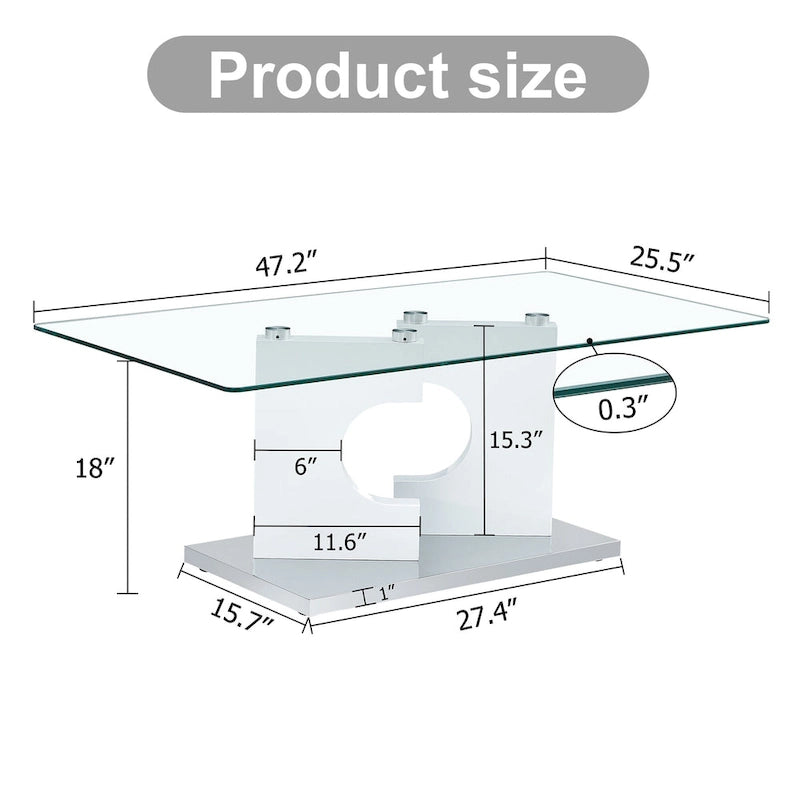 47.2  Modern Rectangular Coffee Table with Tempered Glass Tabletop and MDF Legs