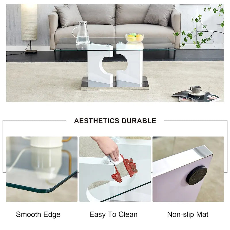 47.2  Modern Rectangular Coffee Table with Tempered Glass Tabletop and MDF Legs