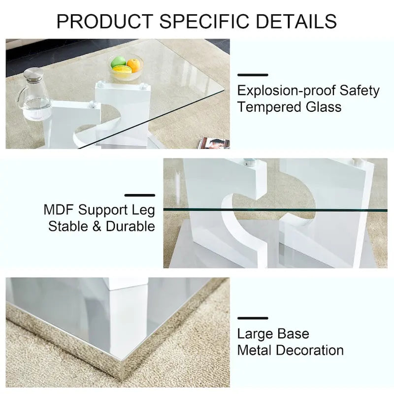47.2  Modern Rectangular Coffee Table with Tempered Glass Tabletop and MDF Legs