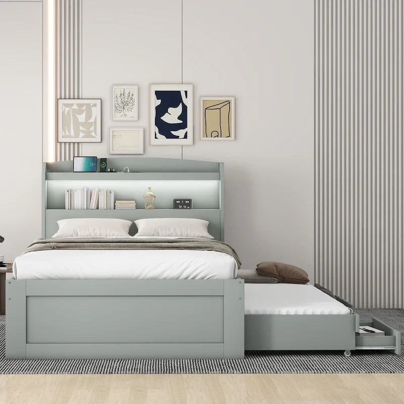 Gray Twin XL Platform Bed with LED Headboard & Drawers