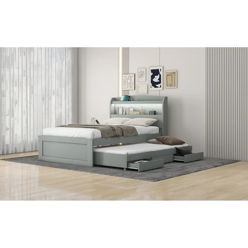 Gray Twin XL Platform Bed with LED Headboard & Drawers