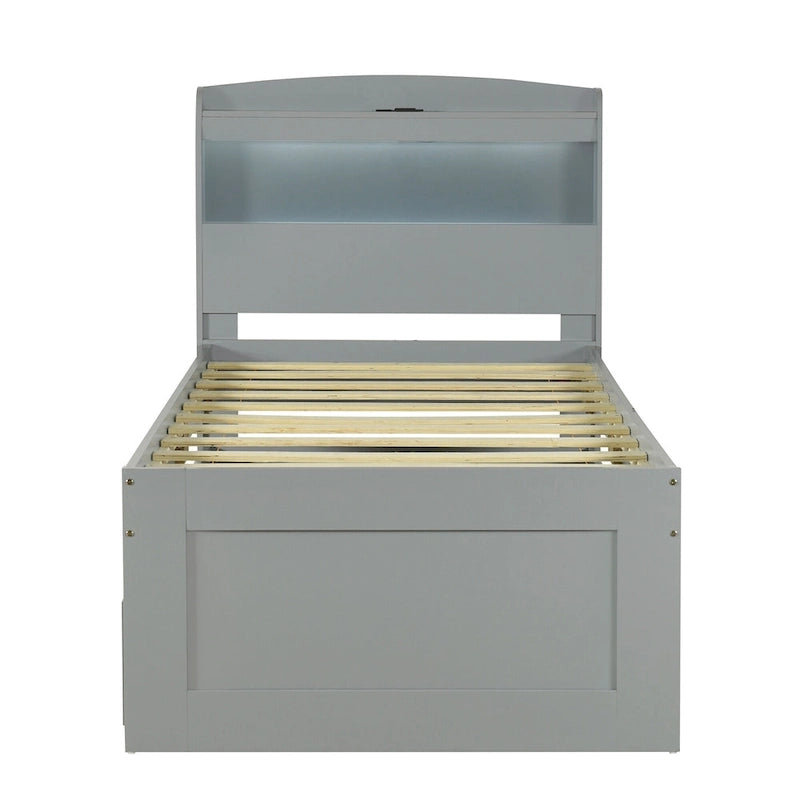 Gray Twin XL Platform Bed with LED Headboard & Drawers