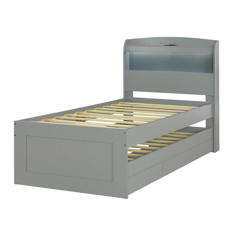 Gray Twin XL Platform Bed with LED Headboard & Drawers