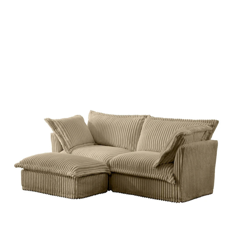 Corduroy 2-Seater Sectional Sofa with Convertible Ottoman & Pillows