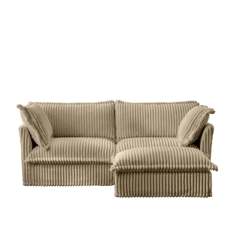 Corduroy 2-Seater Sectional Sofa with Convertible Ottoman & Pillows