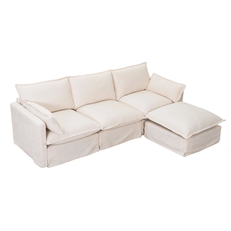 93.31  Faux Linen Modular Sectional Sofa with Ottoman, Wood Frame