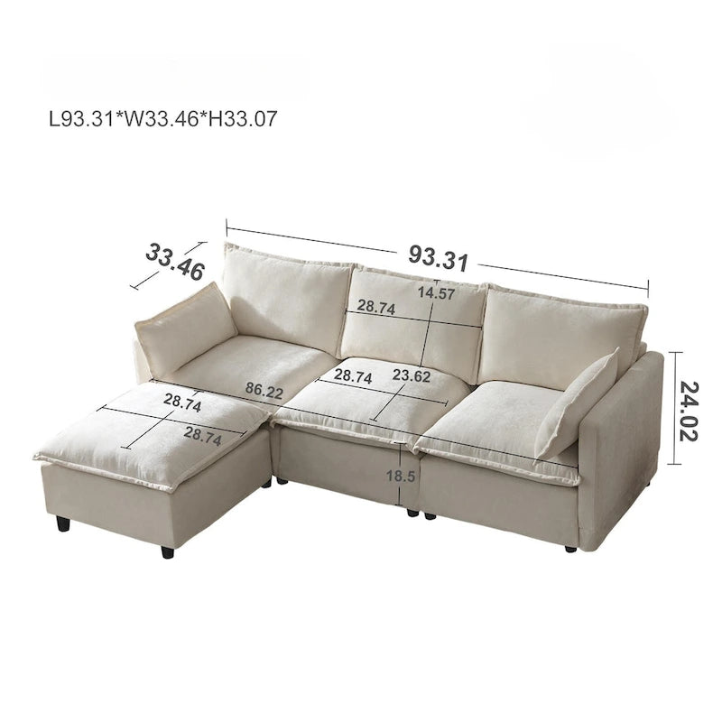 93.31  Faux Linen Modular Sectional Sofa with Ottoman, Wood Frame