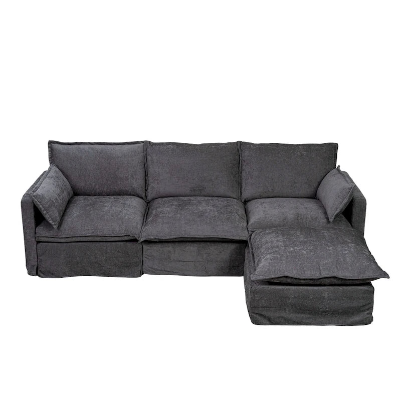 93.31  Faux Linen Modular Sectional Sofa with Ottoman, Wood Frame