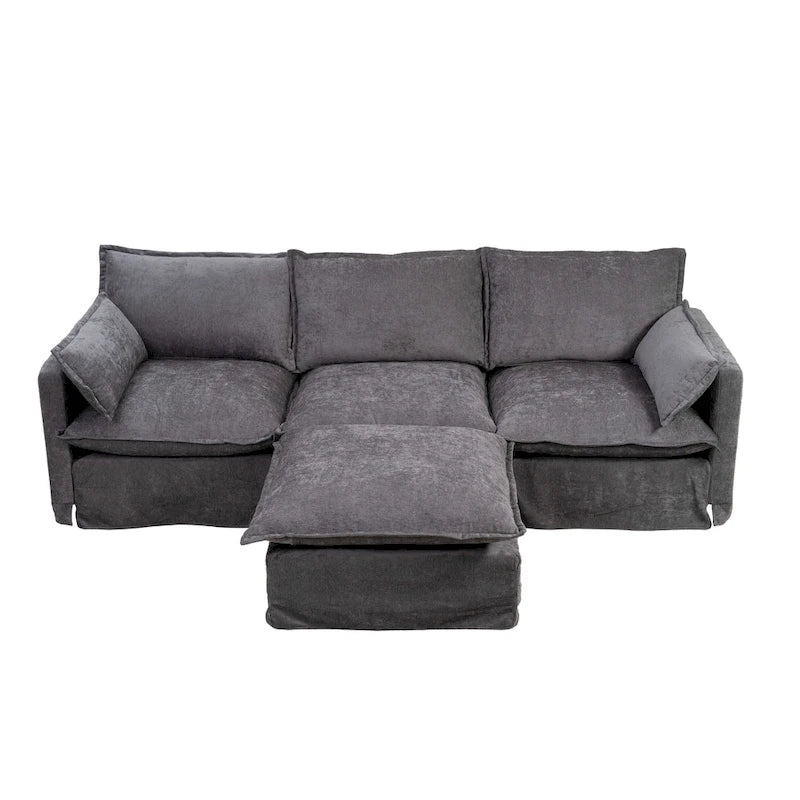 93.31  Faux Linen Modular Sectional Sofa with Ottoman, Wood Frame
