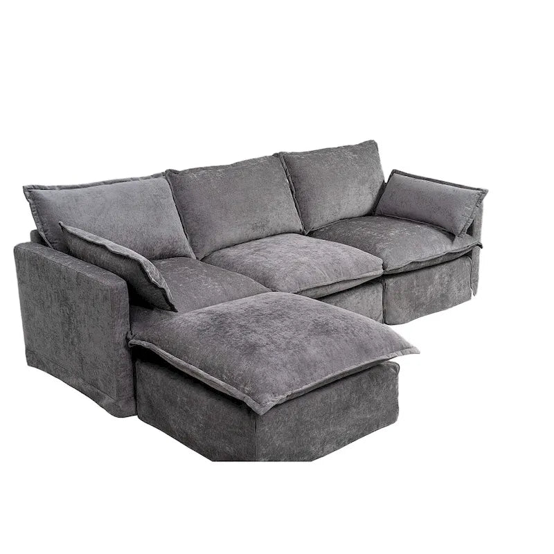 93.31  Faux Linen Modular Sectional Sofa with Ottoman, Wood Frame