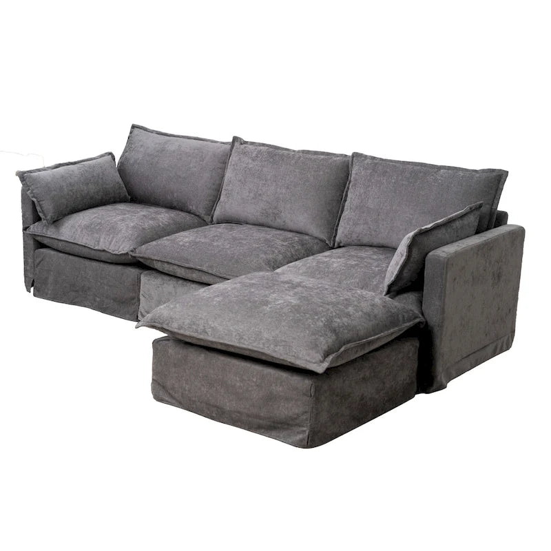 93.31  Faux Linen Modular Sectional Sofa with Ottoman, Wood Frame