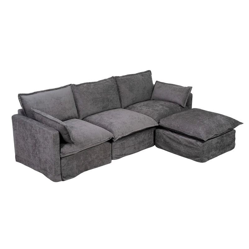 93.31  Faux Linen Modular Sectional Sofa with Ottoman, Wood Frame