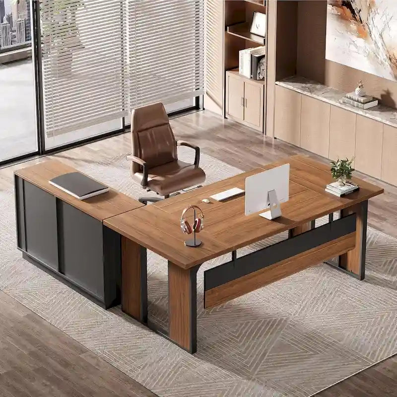 L Shaped Office Table with 47 Inch File Cabinet, Wood Business Furniture Set for Home Office