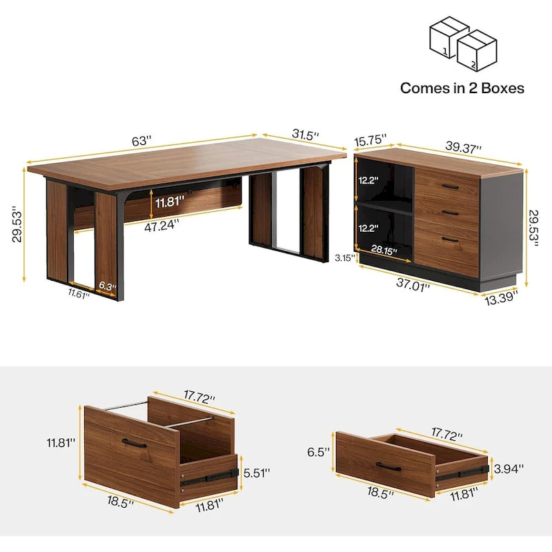 L Shaped Office Table with 47 Inch File Cabinet, Wood Business Furniture Set for Home Office