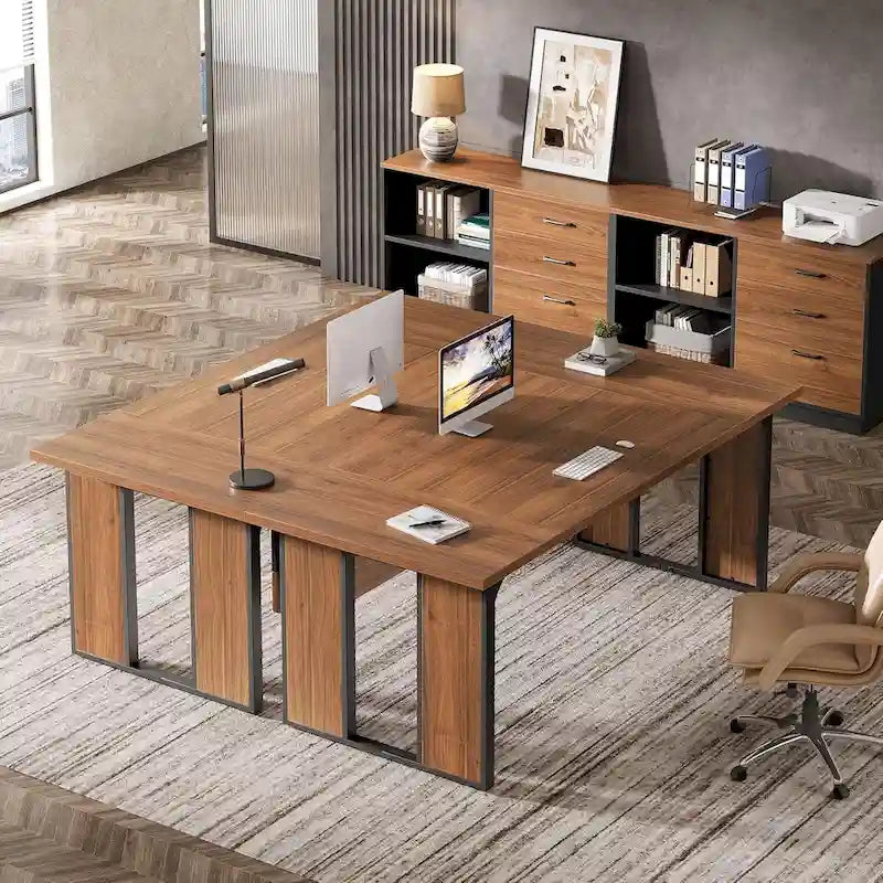 L Shaped Office Table with 47 Inch File Cabinet, Wood Business Furniture Set for Home Office
