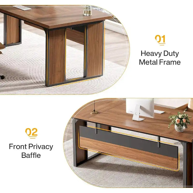 L Shaped Office Table with 47 Inch File Cabinet, Wood Business Furniture Set for Home Office