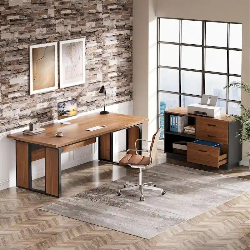 L Shaped Office Table with 47 Inch File Cabinet, Wood Business Furniture Set for Home Office