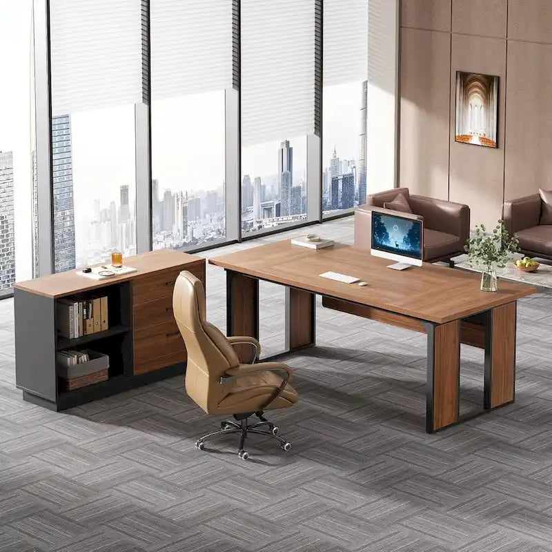 L Shaped Office Table with 47 Inch File Cabinet, Wood Business Furniture Set for Home Office