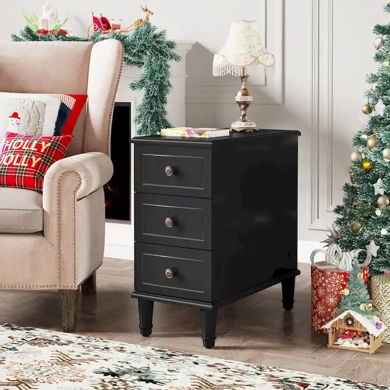 Solid Wood 3 - Drawer End Table Set,Fully Assembled Narrow Side Table