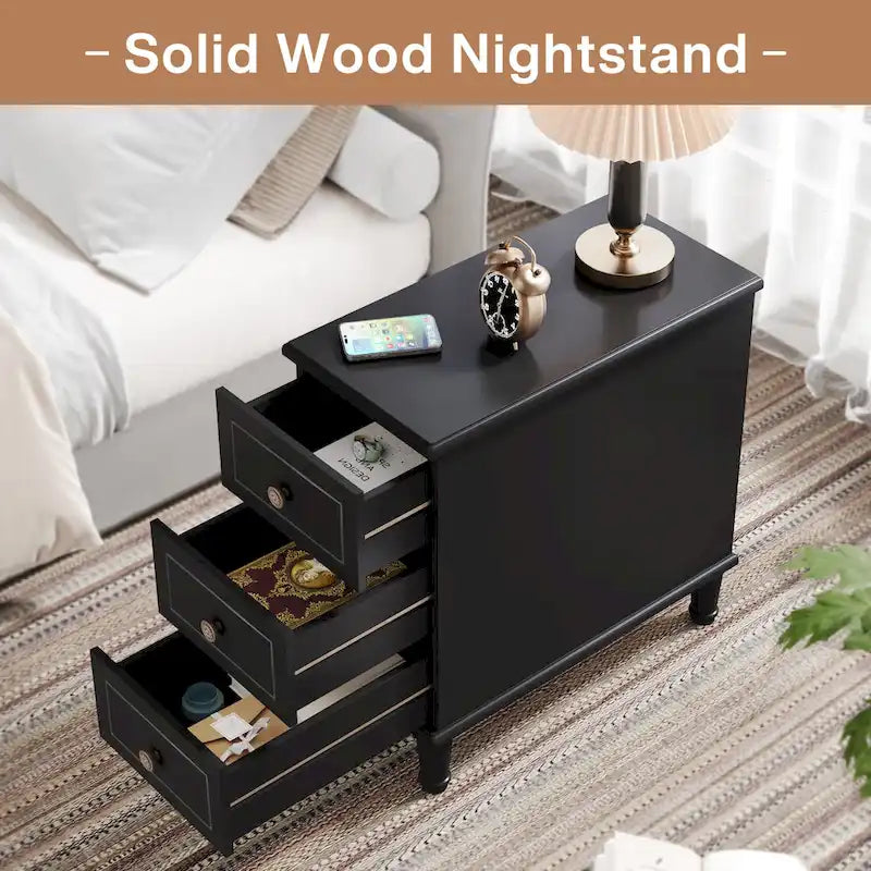 Solid Wood 3 - Drawer End Table Set,Fully Assembled Narrow Side Table