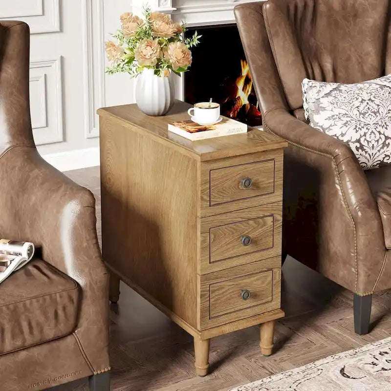 Solid Wood 3 - Drawer End Table Set,Fully Assembled Narrow Side Table