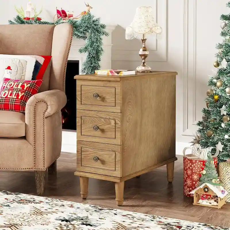 Solid Wood 3 - Drawer End Table Set,Fully Assembled Narrow Side Table