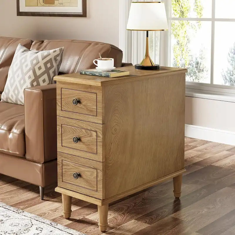 Solid Wood 3 - Drawer End Table Set,Fully Assembled Narrow Side Table