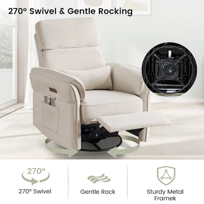EROMMY Power Swivel Rocker Recliner Chair with Adjustable Headrest and Armrests, USB & Type-C Charging, Nursery Glider Recliner