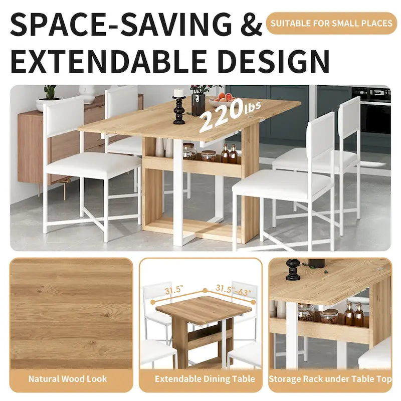Extendable Dining Table Set for 4Modern Compact Dining Set w/Foldable Dining Table